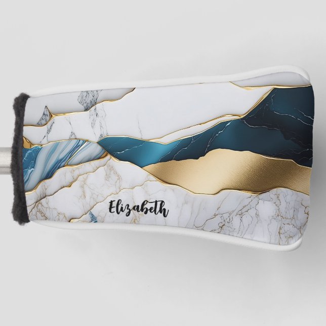 Cool White Turquoise Marble Stone Gold Golf Head Cover (Front)