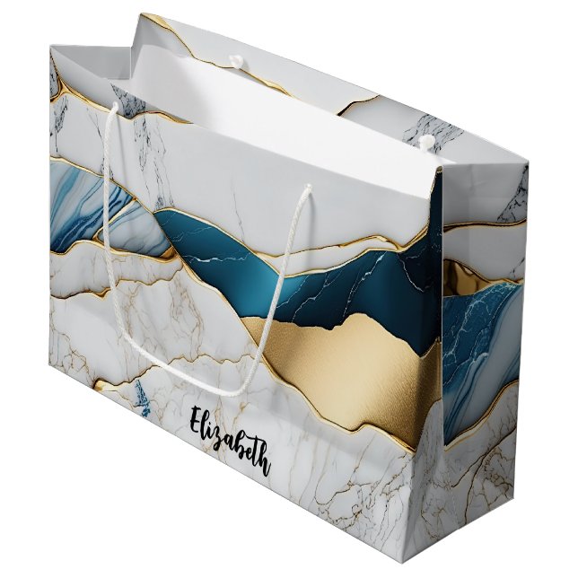 Cool White Turquoise Marble Stone Gold Large Gift Bag (Front Angled)