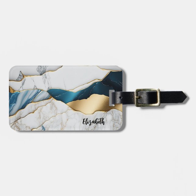 Cool White Turquoise Marble Stone Gold Luggage Tag (Front Horizontal)