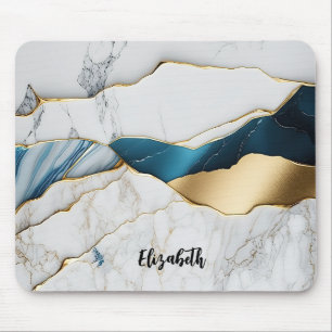 Cool White Turquoise Marble Stone Gold Mouse Mat