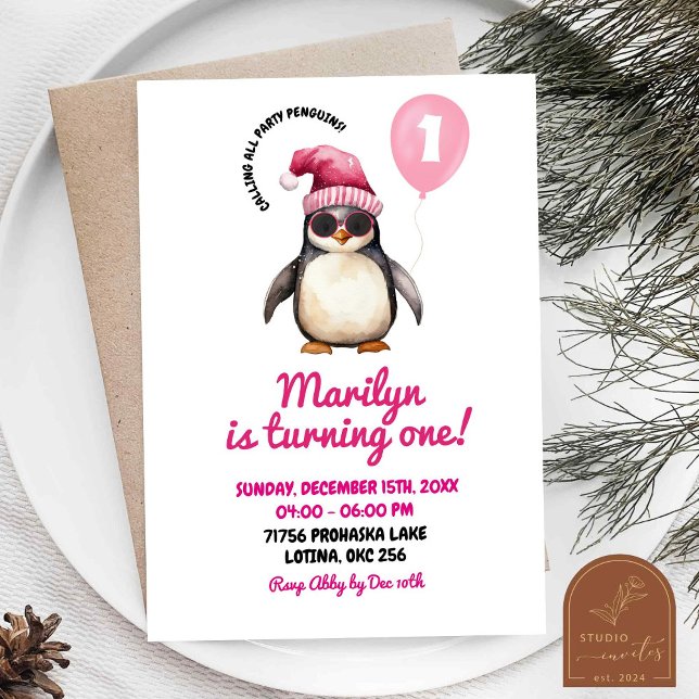 Cool Winter Pink Penguin First Birthday Girl Invitation (Creator Uploaded)