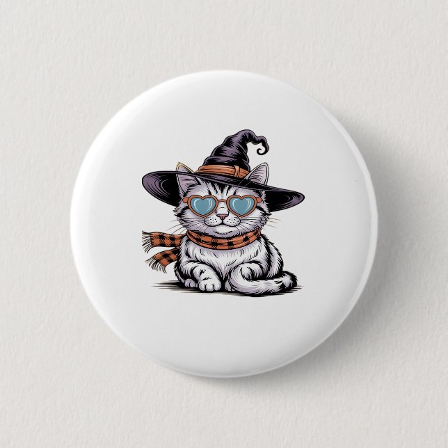 Cool Witch Cat � Cute Halloween Kitty with Heart G 6 Cm Round Badge (Front)