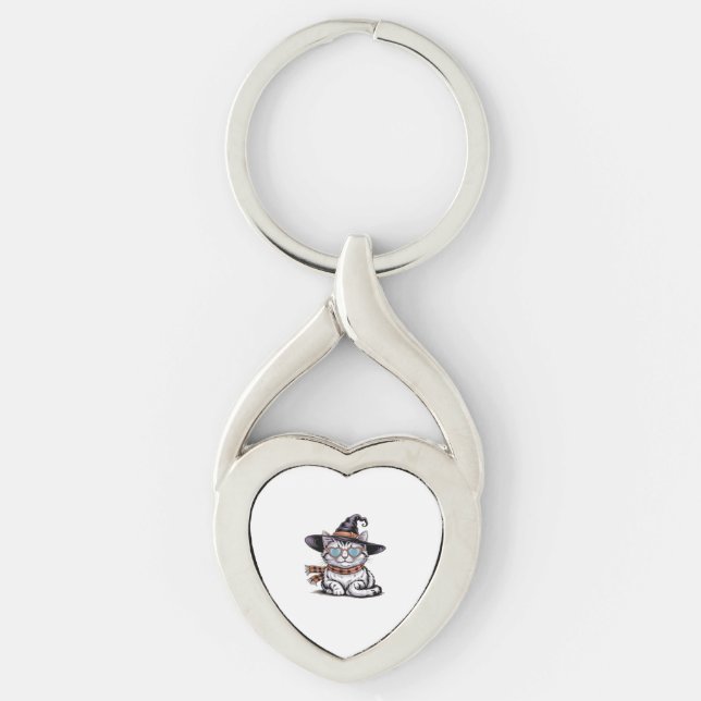 Cool Witch Cat – Cute Halloween Kitty with Heart G Key Ring (Front)
