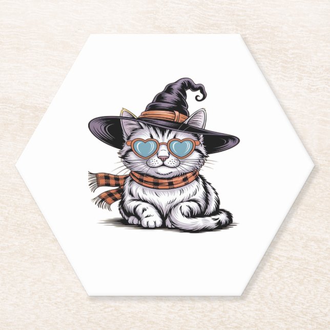 Cool Witch Cat � Cute Halloween Kitty with Heart G Paper Coaster (Front)