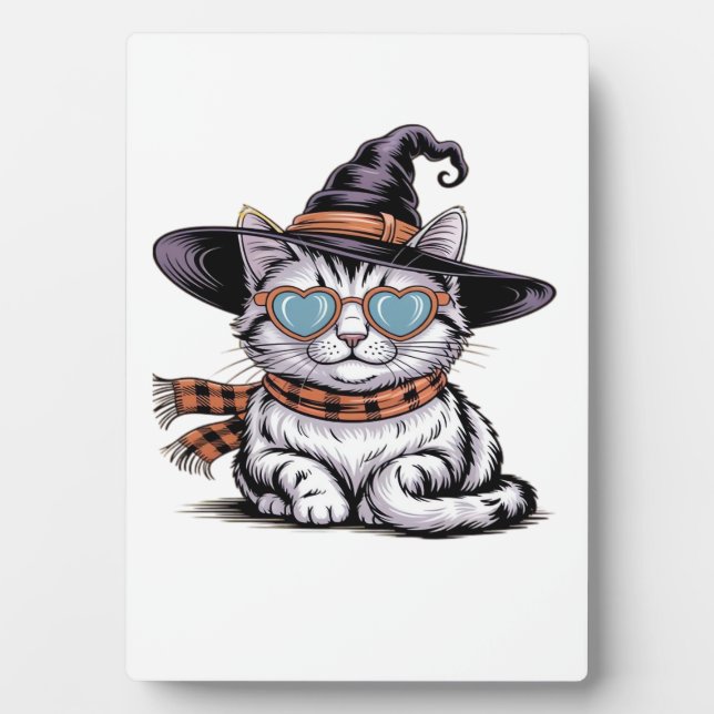 Cool Witch Cat – Cute Halloween Kitty with Heart G Plaque (Front)