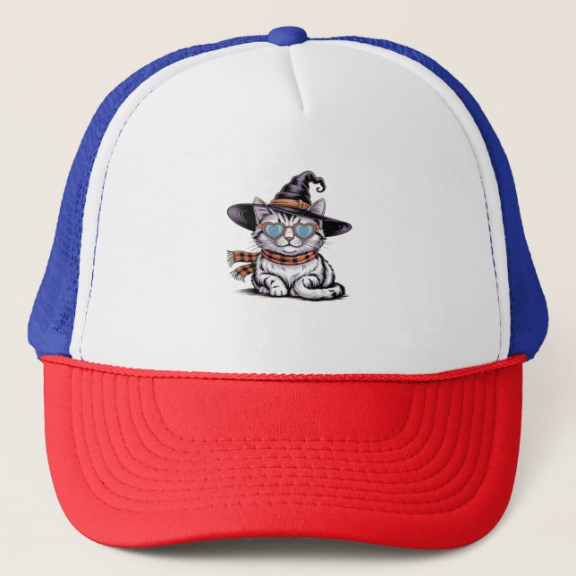Cool Witch Cat – Cute Halloween Kitty with Heart G Trucker Hat (Front)