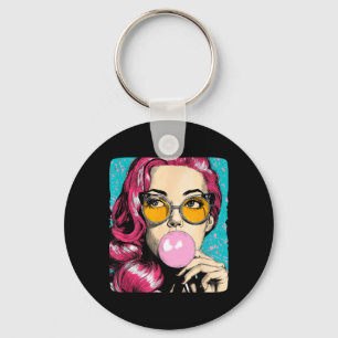 Cool Woman with Chewing Gum in Pop Art Style Key Ring