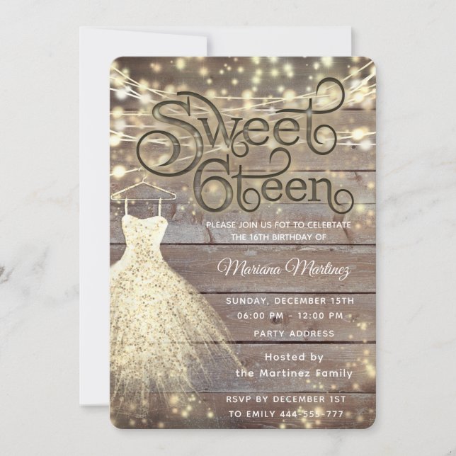 Cool wood elegant String lights gold sparkle  Invitation (Front)
