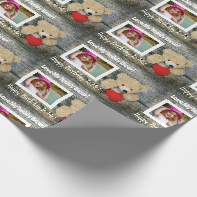 Cool Wood Red Hearts Teddy Bear Birthday Photo Wrapping Paper (Corner)