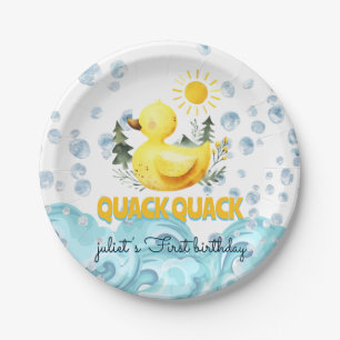 Cool yellow 1st rubber duck birthday invitations paper plate