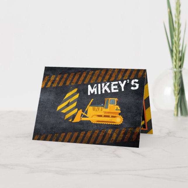 Cool Yellow|Black Construction 4th Birthday Photo Card (Front)