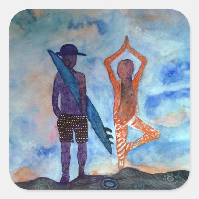 Cool yoga Surf Sunset Art Square Stickers, Glossy Square Sticker (Front)