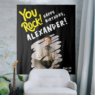Cool You Rock Happy Bday Black Yellow Brush Photo  Tapestry