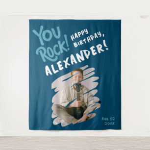 Cool You Rock Happy Bday Blue White Brush Photo Tapestry