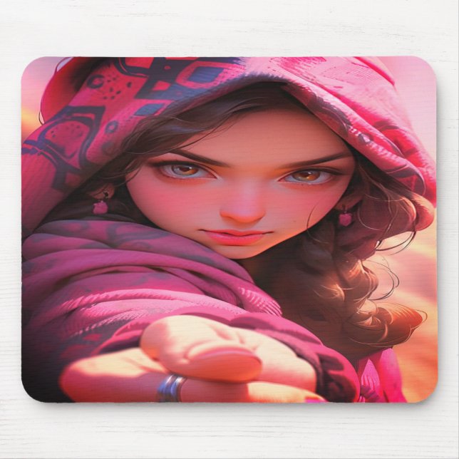 Cool Young Girl on a Thick Laptop   Mouse Mat (Front)