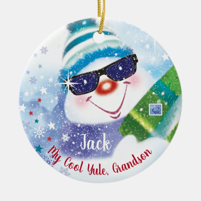 Cool Yule, Grandson, Snowman in Shades, Christmas Ceramic Tree Decoration (Front)
