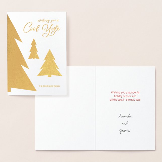 Cool Yule Modern Script Trees Holiday Gold Foil Card (Display)