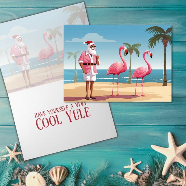 Cool Yule Santa and Flamingos Beach Christmas Holiday Card (Cool Yule Santa and Flamingos Beach Christmas Holiday Card)