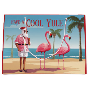 Cool Yule Santa and Flamingos Beach Christmas Large Gift Bag