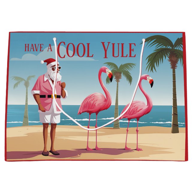 Cool Yule Santa and Flamingos Beach Christmas Large Gift Bag (Front)