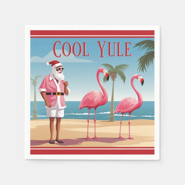 Cool Yule Santa and Flamingos Beach Christmas Napkin (Front)