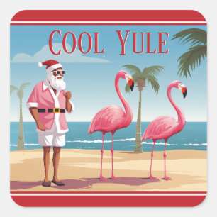 Cool Yule Santa and Flamingos Beach Christmas Square Sticker