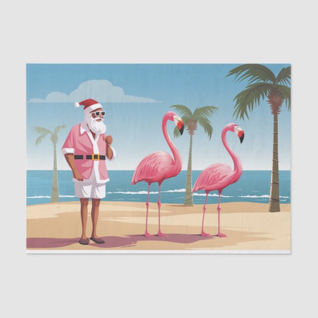 Cool Yule Santa and Flamingos Beach Christmas Tissue Paper (Front)