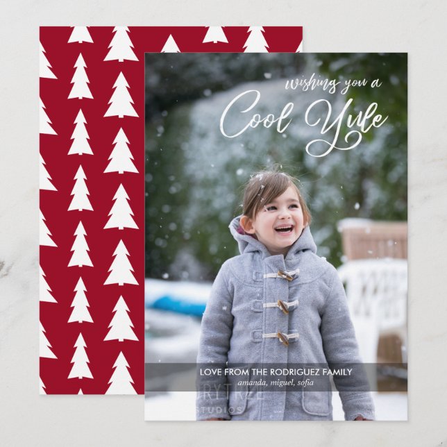Cool Yule Script Your Photo Burgundy Christmas Holiday Card (Front/Back)