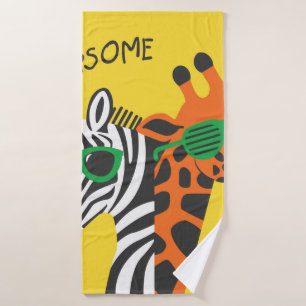 Cool zebra and giraffe wearing glasses on yellow b bath towel