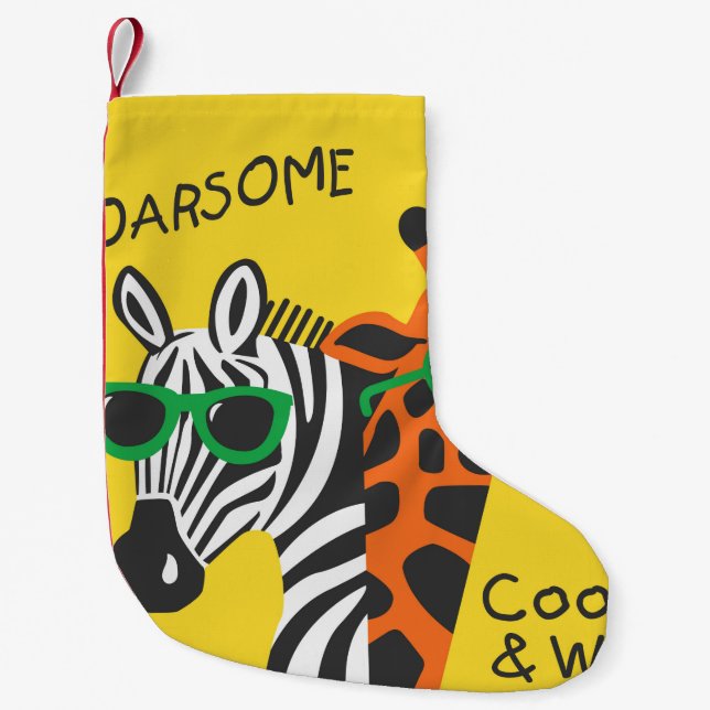 Cool zebra and giraffe wearing glasses on yellow b small christmas stocking (Front)