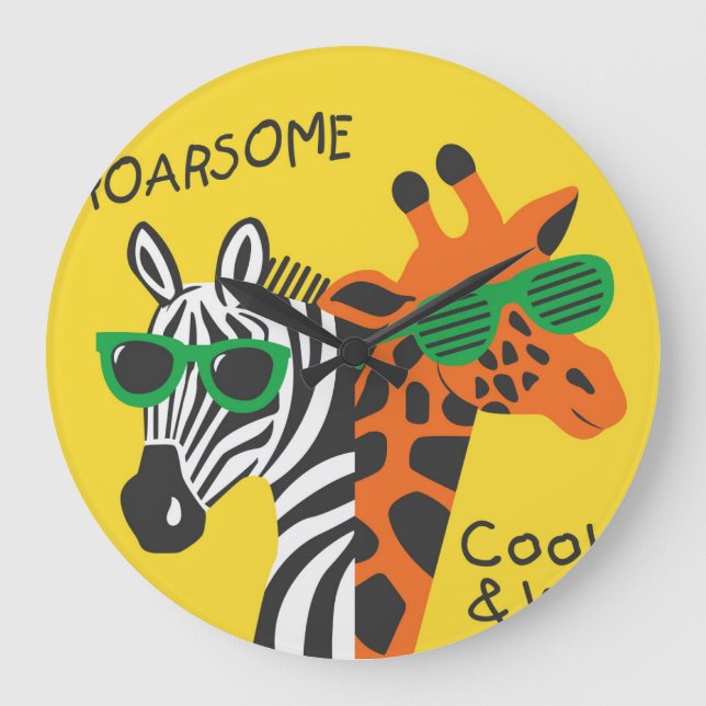 Cool Zebra Giraffe Cartoon Illustration Large Clock (Front)