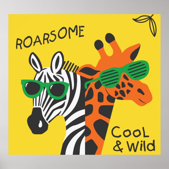 Cool Zebra Giraffe Cartoon Illustration Poster (Front)