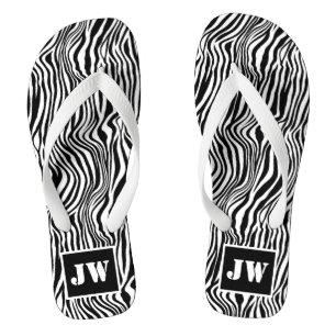 Cool Zebra Stripe Print Black White Monogram Flip Flops