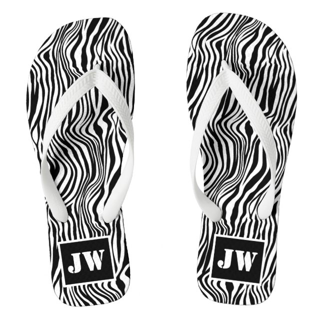 Cool Zebra Stripe Print Black White Monogram Flip Flops (Footbed)