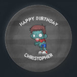 Cool Zombie Guy Seeking Brains Happy Birthday Paper Plate<br><div class="desc">Birthday paper plates with a cool looking zombie guy,  with big white vacant eyes staring blankly and sickly green skin. Wearing ripped and tattered clothing with arms outstretched looking for brains. 

Set on a charcoal grey grunge style background with faded stripes. Personalise with a name.</div>