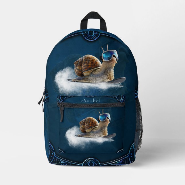 Cooler than the rest, the snowboarding snail.  printed backpack (Front)