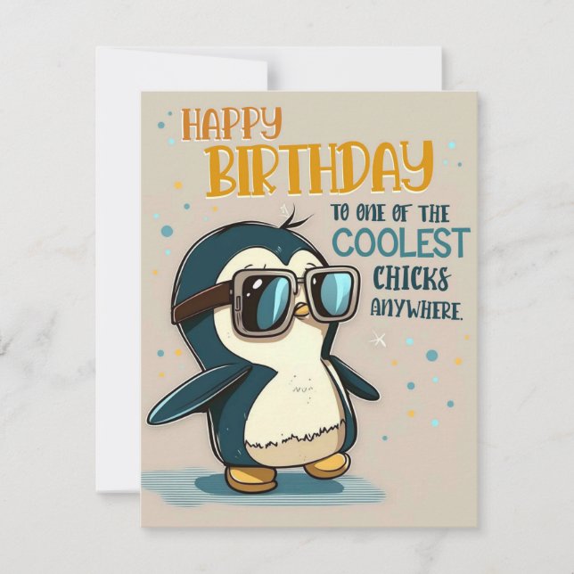 Coolest Chick Penguin Birthday Card (Front)