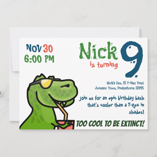 Coolest Dino Birthday Party - Perfect T-Rex Invitation (Front)