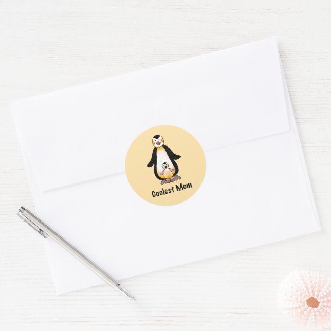 Coolest Mom Penguin Family Design Classic Round Sticker (Envelope)