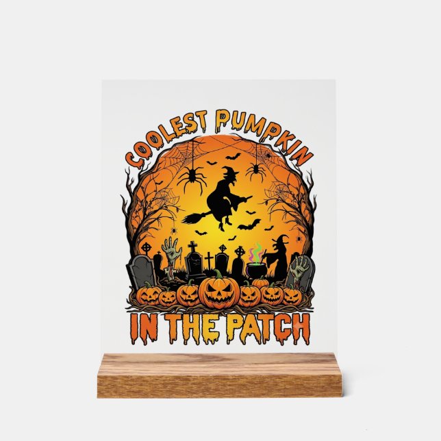 Coolest Pumpkin Patch Halloween Witch Spiders Grav Acrylic Sign (Front)