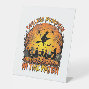 Coolest Pumpkin Patch Halloween Witch Spiders Grav Pedestal Sign