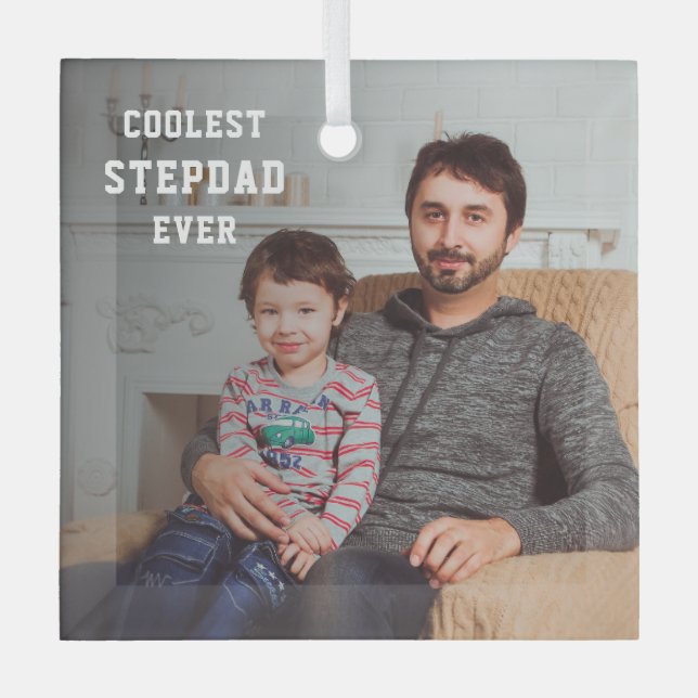 Coolest Stepdad Ever Photo Dad Personalised Glass Tree Decoration (Front)