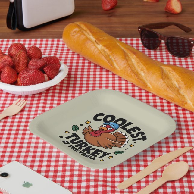 Coolest Turkey At The Table Thanksgiving Dinner Paper Plate (Picnic)