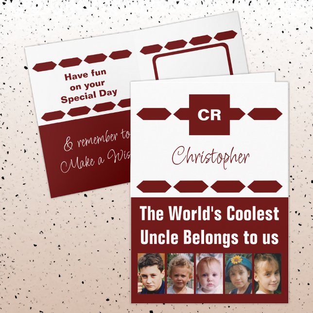 Coolest Uncle 5 photo burgundy white birthday Card (Creator Uploaded)