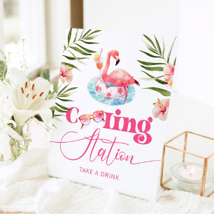 Cooling station Pool birthday party flamingo Pedestal Sign