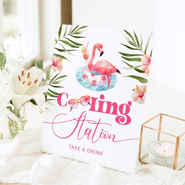 Cooling station Pool birthday party flamingo Pedestal Sign (Creator Uploaded)