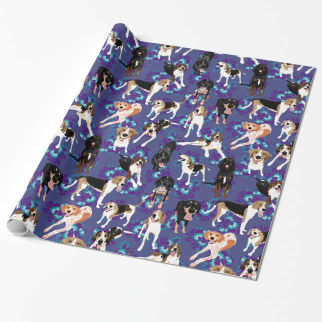 Coonhound Floral (Blue) Wrapping Paper (Unrolled)