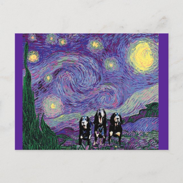 Coonhound Starry Night in Purple, Fine Art Spoof Postcard (Front)