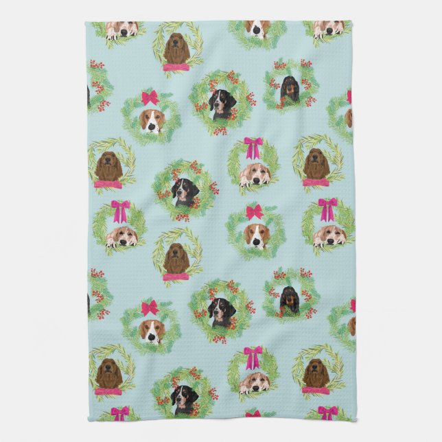 Coonhound Wreaths Tea Towel (Vertical)