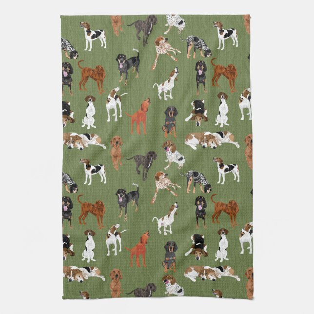 Coonhounds on Olive Tea Towel (Vertical)